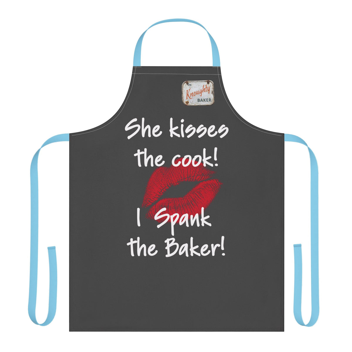 Funny Couples Apron – "She Kisses the Cook! I Spank the Baker!" Kitchen Apron with Lip Print