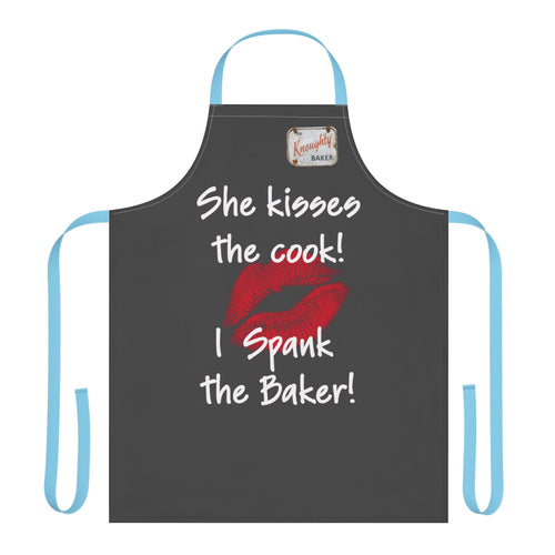 Funny Couples Apron – "She Kisses the Cook! I Spank the Baker!" Kitchen Apron with Lip Print