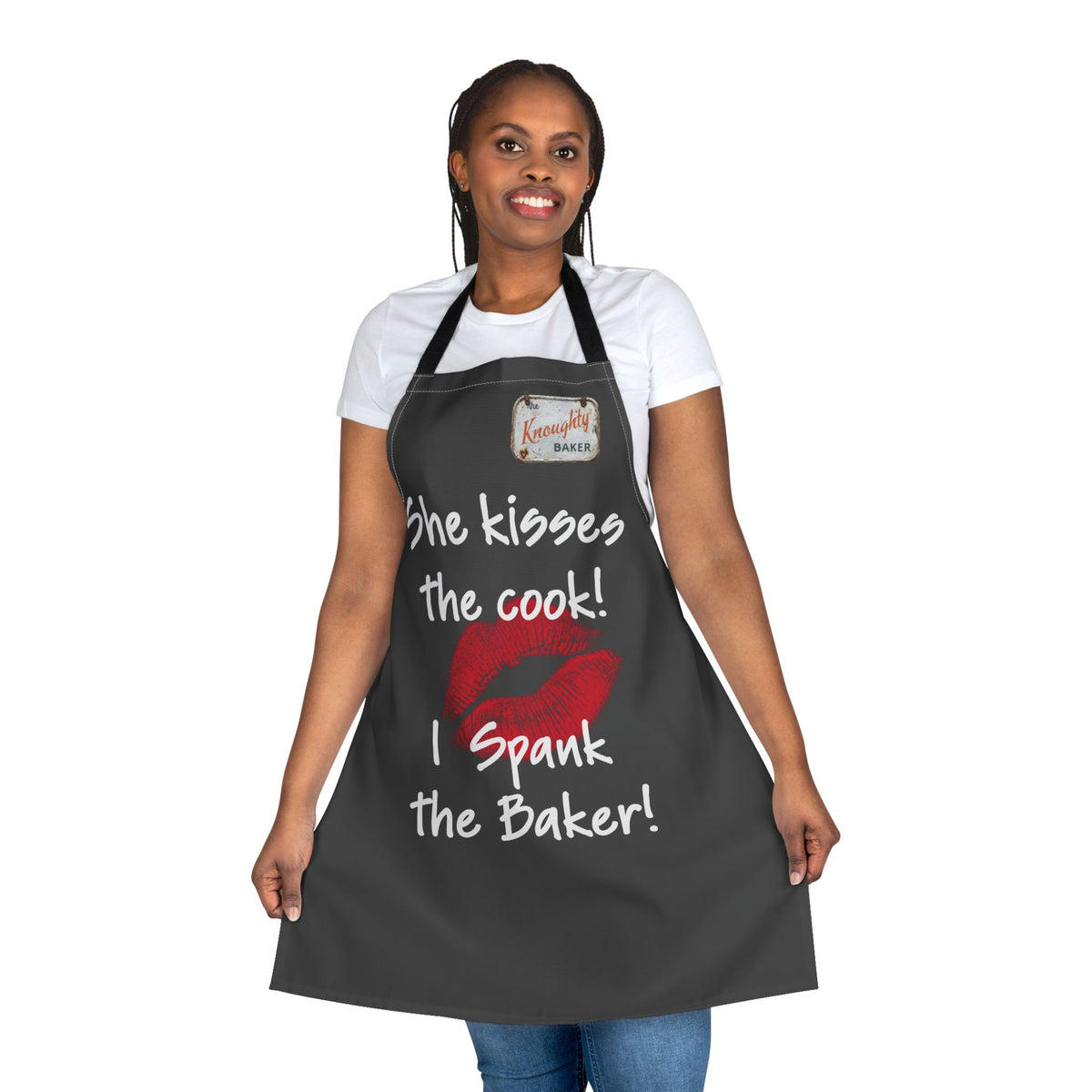Funny Couples Apron – "She Kisses the Cook! I Spank the Baker!" Kitchen Apron with Lip Print