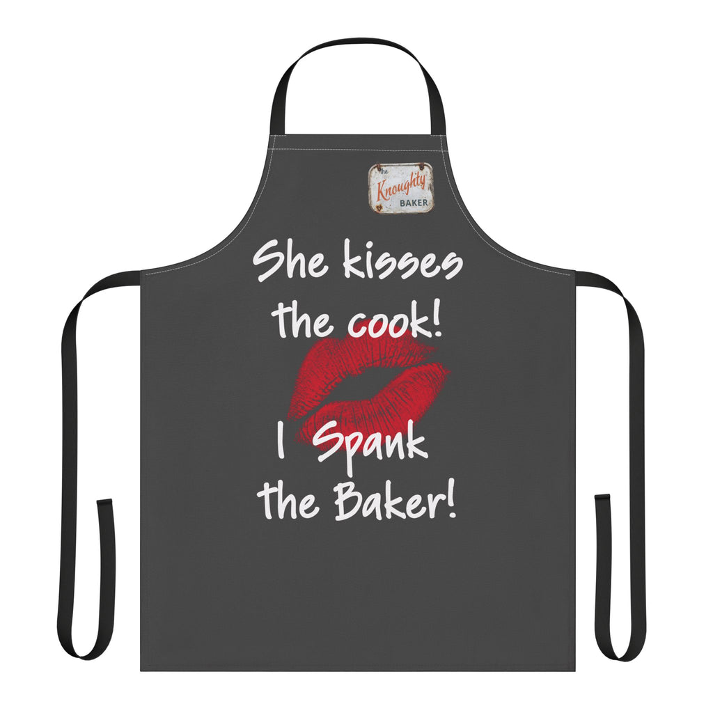 Funny Couples Apron – "She Kisses the Cook! I Spank the Baker!" Kitchen Apron with Lip Print