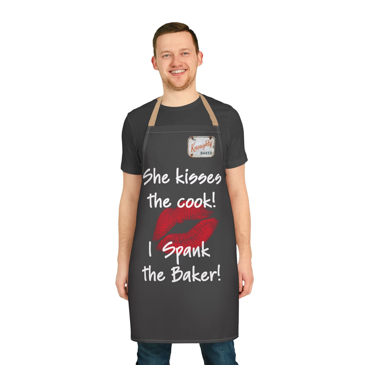 Funny Couples Apron – "She Kisses the Cook! I Spank the Baker!" Kitchen Apron with Lip Print