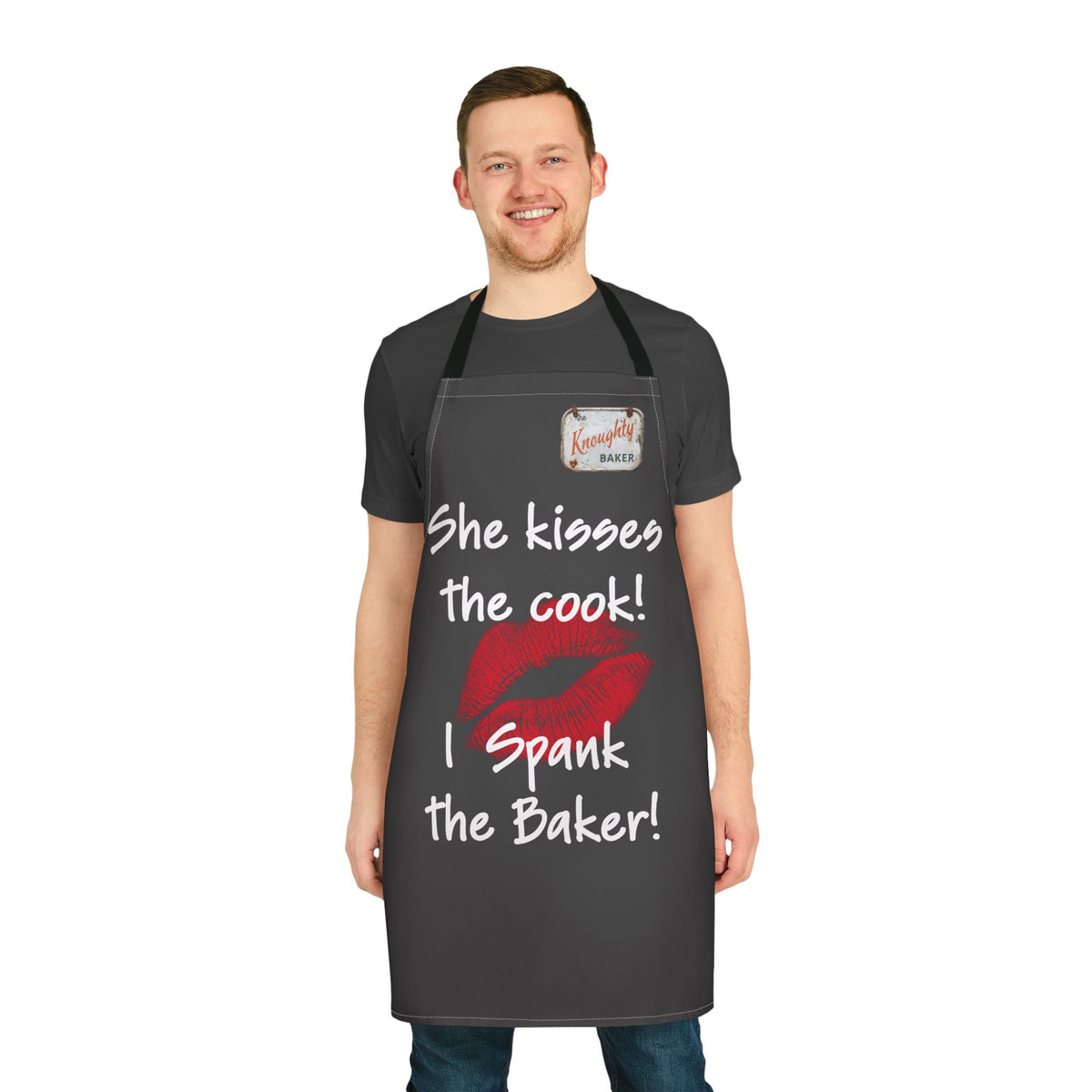 Funny Couples Apron – "She Kisses the Cook! I Spank the Baker!" Kitchen Apron with Lip Print