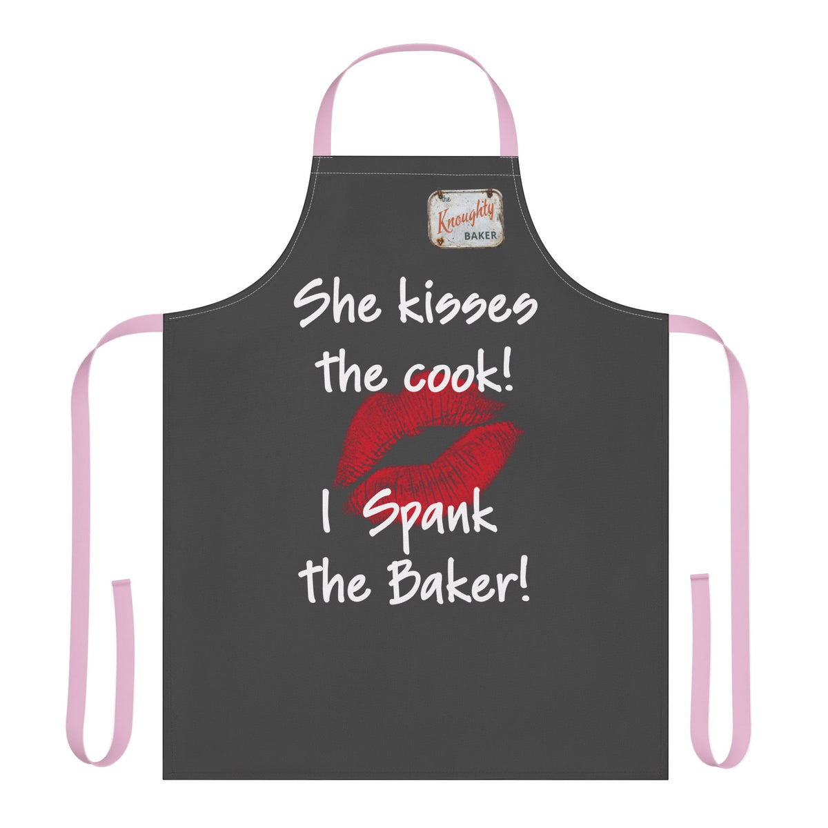 Funny Couples Apron – "She Kisses the Cook! I Spank the Baker!" Kitchen Apron with Lip Print